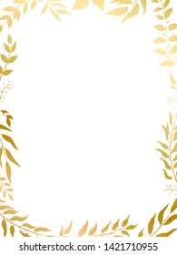 herbal mix vector frame in gold style. Silhouette plants, branches and leaves on white background. Leafy card design.