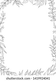 herbal mix vector frame in line style. Hand draw plants, branches and leaves on white background. Natural leafy card design. Coloring frame