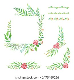 Herbal mix vector frame set. Hand painted floral vector frame, border and corner on white background. Natural summer card design