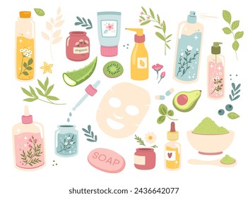 Herbal natural medicines, organic beauty cosmetics, homeopathy healthcare products vector illustration. Alternative medicine, aromatic essential oils, skincare hygiene creams, aromatherapy spa items