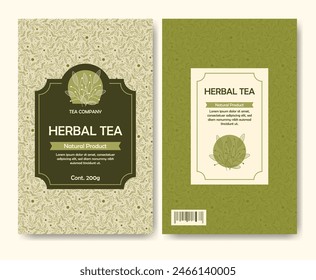 Herbal natural organic tea label package. Vintage craft botanical green herbs sketch. Meadow field