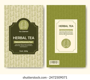 Herbal natural organic tea label package. Vintage craft botanical green herbs sketch.