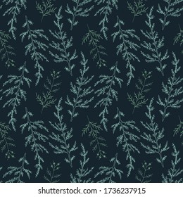 Herbal natural seamless pattern, hand drawing isolated. Branches of sage and herbs black lines on dark background. For textiles, wrapping paper, wallpaper. Vector illustration