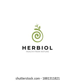 Herbal oil logo with plant and Koru symbol vector illustration
