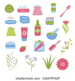 Herbal organic natural cosmetics collection. Vector illustration. Chamomile, calendula, lavender, jojoba, lavender, tube, bottle, jar isolated design elements. 