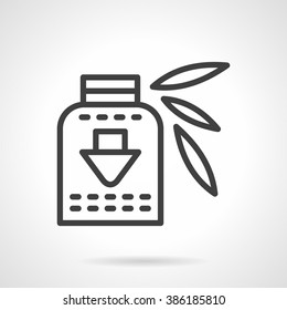 Herbal organic vitamins syrup. Healthy nutrition. Mixture bottle and leaves. Vector icon simple black line style. Single design element for website, business.