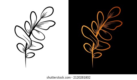Herbal outline icon, simple doodle sketch line art style, black and gold branch botany set. Beauty elegant logo design element. Graphic isolated symbol drawing. Flat shape, wedding tattoo print card.