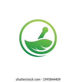herbal pharma logo template. medicine mortar and pestle logo with leaf concept