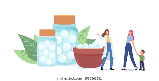 Herbal Pharmacist Character or Alternative Medicine Doctor Offer Herbal Medications to Patient. Alternative Herbs Medicine and Natural Pharmaceutical Production. Cartoon People Vector Illustration