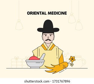 Herbal pharmacists and Herbal medicine illustration set. Korea, China, Doctor, Red Ginseng Vector drawing. Hand drawn style.