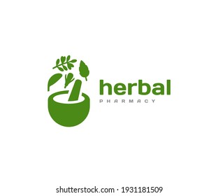 Herbal pharmacy logo design. Alternative medicine, herbal medicine vector design. Mortar and pestle with herbs, naturopathy logotype
