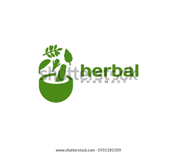 Herbal pharmacy logo design. Alternative\
medicine, herbal medicine vector design. Mortar and pestle with\
herbs, naturopathy\
logotype