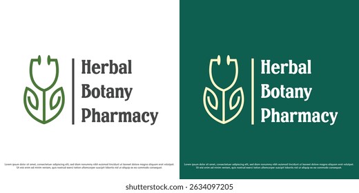 Herbal Pharmacy logo design illustration vector. Medical stethoscope silhouette tree leaf pharmacy. Simple minimal geometric nature icon symbol.