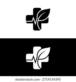 Logotipo de farmacia herbaria con signo más y hoja Diseño médico saludable