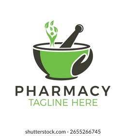 Diseño de marca de Vector de Plantilla de logotipo de farmacia herbaria con mortero, pedestal y símbolo de hoja para medicina natural.
