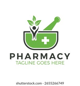 Diseño de marca de Vector de Plantilla de logotipo de farmacia herbaria con mortero, pedestal y símbolo de hoja para medicina natural.
