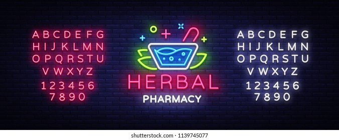 Herbal Pharmacy neon sign vector. Pharmacy Design template neon sign, light banner, neon signboard, nightly bright advertising, light inscription. Vector Illustration. Editing text neon sign