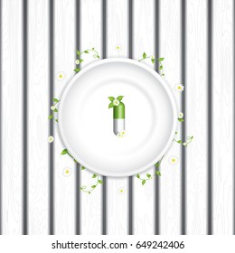 Herbal pill in a white plate on gray wooden background, top view.Green alternative medication concept vector.
