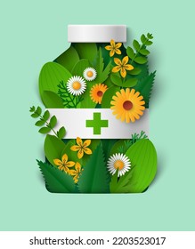 Herbal pills advertising poster. Alternative medicine papercut vector. Homeopathic treatment and phytotherapy concept. Huge remedy bottle with green leaves or natural ingredients illustration