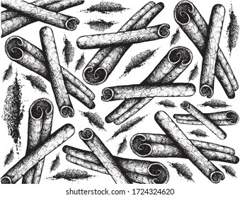 Herbal Plants, Hand Drawn Illustration Background of Dried Cinnamon Sticks Used for Seasoning in Cooking.