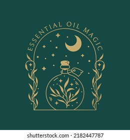 Herbal potion logo template. Boho vector emblem for essential oils, aromatherapy, botanical healing, medicinal herbs, natural beauty product, etc. Trendy badge with magic elixir bottle, stars and moon