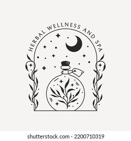 Herbal potion logo template. Boho vector emblem for botanical healing, medicinal herbs, essential oils, aromatherapy, natural beauty product, etc. Trendy badge with magic elixir bottle, stars and moon