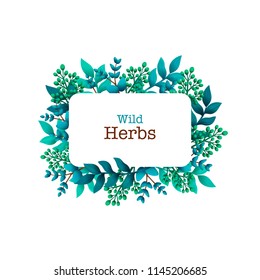 Herbal pre-made composition. Horizontal frame with leaves and branches. Summer wild herbs with space for your text. Healing Herbs for cards, wedding invitation, save the date, greeting design. Vector