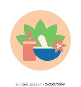 Herbal Relaxation Icon with Bowl, Candle and Leaves. Mental Wellness Symbol