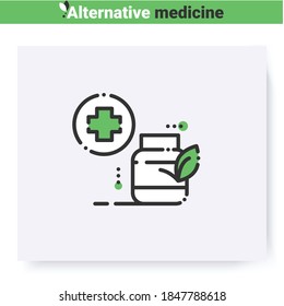 Herbal remedy line icon.Homeopathy. Ayurvedic medicament.Natural, herbal medicine.Health care and wellness. Complementary and alternative medicine types.Isolated vector illustration. Editable stroke 