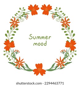 Herbal  round frame or wreath decorated with red wild or meadow flowers.  Summer floral design. Great for greeting card, posters, blog decorating. Hand drawn vector illustration isolated on white.
