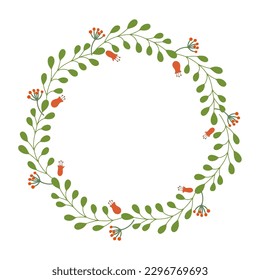 Herbal  round frame or wreath decorated with green branches and red flowers.  Summer floral design. Great for greeting card, posters, blog decorating. Hand drawn vector illustration isolated on white.