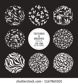 Herbal round pattern, floral ornamentation set. Botanical garden vector textures for logo, organic branding, fashion textile, floral print. Hand drawn plants, flowers, leaves isolated illustration.