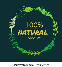 a herbal round wreath; a frame hand drawn by pencil; made of meadow herbs, flowers and plants; great for ecological, natural and organic posters, cards, banners, labels, as a logo background