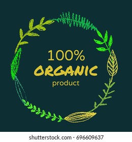 a herbal round wreath; a frame hand drawn by pencil; made of meadow herbs, flowers and plants; great for ecological, natural and organic posters, cards, banners, labels, as a logo background