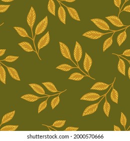 Herbal seamless autumn pattern with simple random leaf elements. Green olive background. Botanic style. Flat vector print for textile, fabric, giftwrap, wallpapers. Endless illustration.
