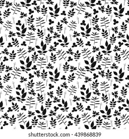Herbal seamless pattern. Abstract black tree leaves on white background. Simple silhouettes of the foliage. Trendy hand-drawn design. Vector illustration.