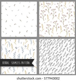 Herbal seamless pattern. Beautiful collection of hand drawn floral backgrounds. Sketchy style. Stylish vector illustration. Wrapping paper.