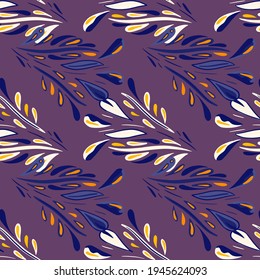 Herbal seamless pattern with blue colored foliage silhouettes ornament. Purple bright background. Designed for fabric design, textile print, wrapping, cover. Vector illustration.