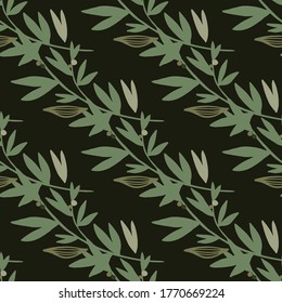 Herbal seamless pattern in dark tones. Green branches on black background. Vector illustration. Can be used for wallpaper, pattern fills, surface textures, fabric prints.