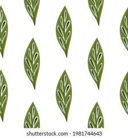 Herbal seamless pattern with doodle green leaf elements. Isolated artwork. Botanic floral backdrop. Designed for fabric design, textile print, wrapping, cover. Vector illustration.