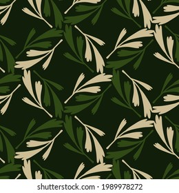 Herbal seamless pattern in geometric style with doodle simple leaf ornament. Dark green background. Designed for fabric design, textile print, wrapping, cover. Vector illustration.