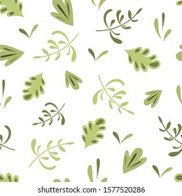 Herbal seamless pattern Green herb background Nature organic design Ecological wild pattern. Hand painted leaves Botanical print textile design. Simple green vector illustration. Endless ornament.