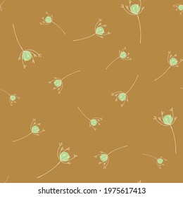 Herbal seamless pattern with green random yarrow flowers elements. Brown light background. Graphic design for wrapping paper and fabric textures. Vector Illustration.