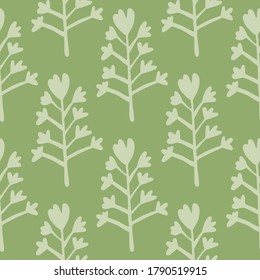 Herbal seamless pattern with grey flowers silhouettes. Pastel green background. Naive design. Decorative backdrop for wallpaper, wrapping paper, textile print, fabric. Vector illustration.