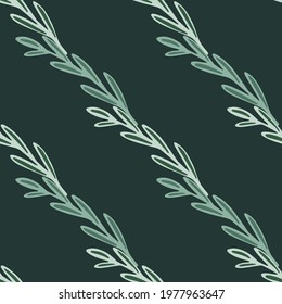 Herbal seamless pattern with hand drawn outline leaf branches shapes. Dark background. Designed for fabric design, textile print, wrapping, cover. Vector illustration.