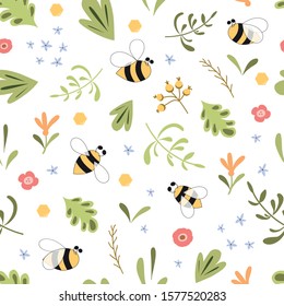 Herbal seamless pattern with insects bee Green herb summer time background. Nature organic design Ecological wild pattern Botanical print textile design Green vector illustration Endless cute ornament