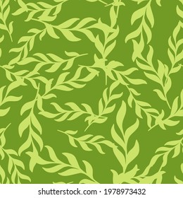 Herbal seamless pattern with leaves twig random silhouettes. Green palette botanic backdrop. Graphic design for wrapping paper and fabric textures. Vector Illustration.
