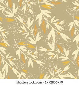 Herbal seamless pattern. Light branches with orange leaves on beige background with splashes. Vector illustration. Can be used for wallpaper, pattern fills, surface textures, fabric prints.