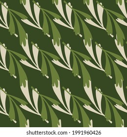 Patrón ininterrumpido de hierbas con adorno de hojas botánicas naturales. Fondo verde. Impresión floral decorativa. Diseñado para el diseño de tejidos, impresión textil, envoltura, cubierta. Ilustración vectorial.