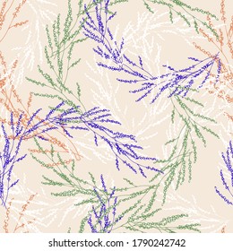 Patrón inmaculado de hierbas en colores pastel. Ilustración vectorial para tejidos, textiles para el hogar, ropa de cama, papel.
